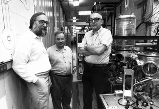 Kip Thorne (left), Ron Drever and Robbie Vogt, the first director of LIGO, in 1990, before construction had begun on the LIGO facilities and instruments.