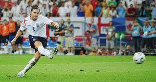 Frank Lampard of England takes his penalty which was saved by Ricardo of Portugal in a penalty shootout during the FIFA World Cup Germany 2006 Quarter-final match between England and Portugal played at the Stadium Gelsenkirchen on July 1, 2006 in Gelsenkirchen, Germany.