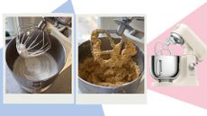 Two images of the Kenwood KMix Stand Mixer beng tested on a pink, white, and blue background