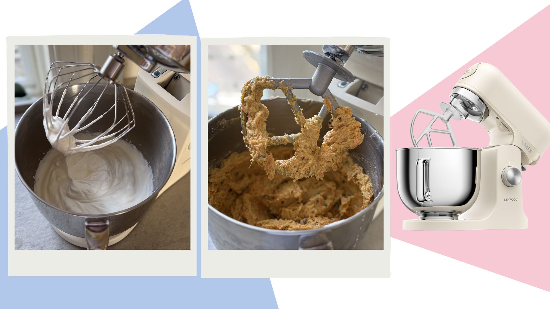 Two images of the Kenwood KMix Stand Mixer beng tested on a pink, white, and blue background