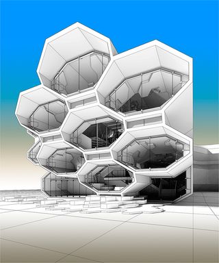 Digital design of Didier Faustino's honeycomb-inspired building. Exterior view.