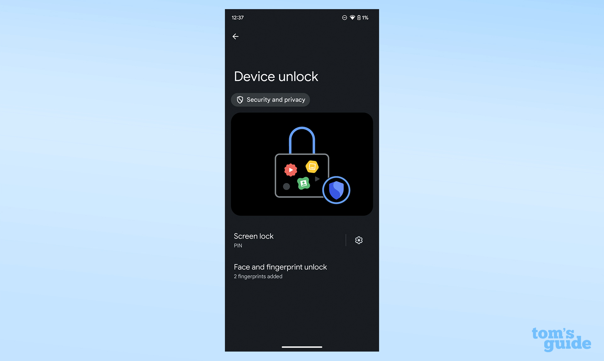 Скриншот, показывающий меню безопасности устройства в Android 14.