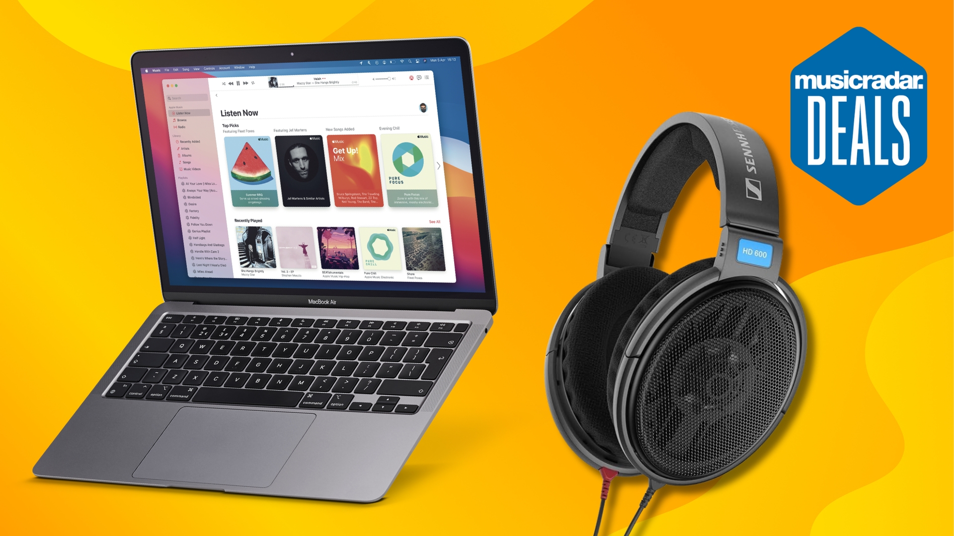 An Apple MacBook and a pair of Sennheiser studio headphones on a yellow and orange background