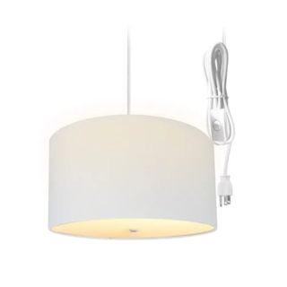 A white pendant light with a white lampshade and a folded bundle of wires next to it