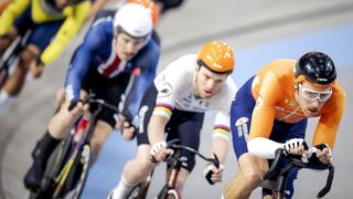 Netherlands' Jan-Willem van Schip (R) and Yoeri Havik (2nd L) take part in a training session with the Dutch team that will compete in the 2024 UCI Track Cycling World Championship