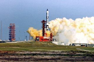 Gemini 3 lifts off atop a Titan rocket from Cape Canaveral's Pad 19 in Florida at 9:24 a.m. EST on March 23, 1965.