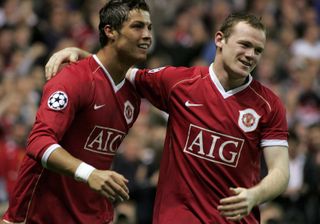 Cristiano Ronaldo celebrates with Wayne Rooney after scoring for Manchester United against Roma in the Champions League quarter-finals in April 2007.