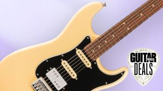 Cream Fender Stratocaster against a light violet background