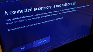 Error message on Xbox when attempting use of an unauthorized accessory reads "Using unauthorised accessories compromises your gaming experience. The accessory will be blocked from use on 12/11/2023."