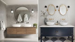 Compilation image showing two stylish bathrooms with on-trend mirrors hung above double sinks to show how to make a bathroom look expensive on a budget