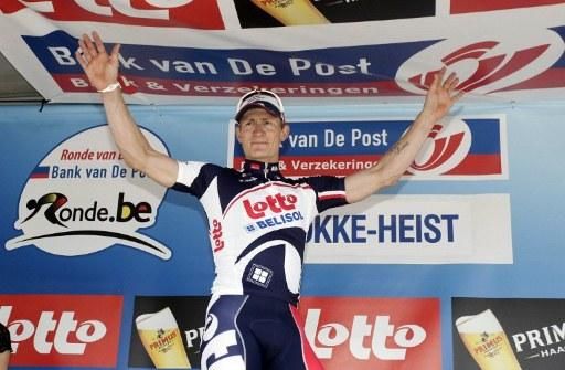 Stage two winner Andre Greipel (Lotto Belisol) on the podium.
