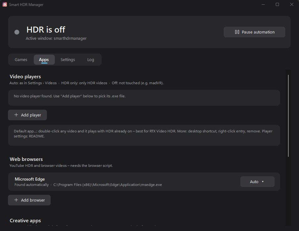 Dark Smart HDR Manager window on the Apps tab shows “HDR is off,” video player and web browser settings, Microsoft Edge, and add-player/browser buttons; the interface feels subdued and technical.