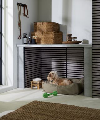 slatted dark wooden wall panelling used to clad inside of dog bed area built into room with white walls and same panelling in view on another wall