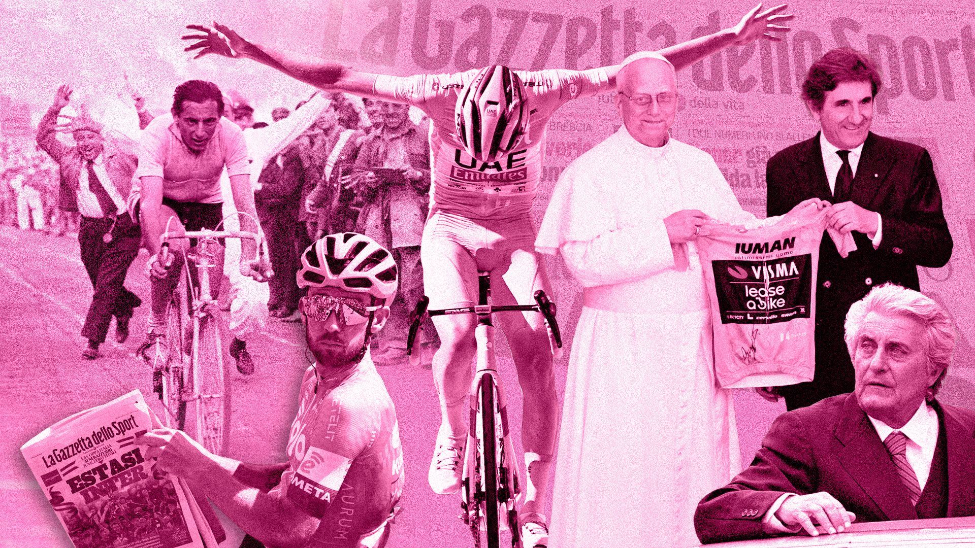 A collage of figures related to the Giro d'Italia including the pope, Fausto Coppi, Tadej Pogačar and two race directors