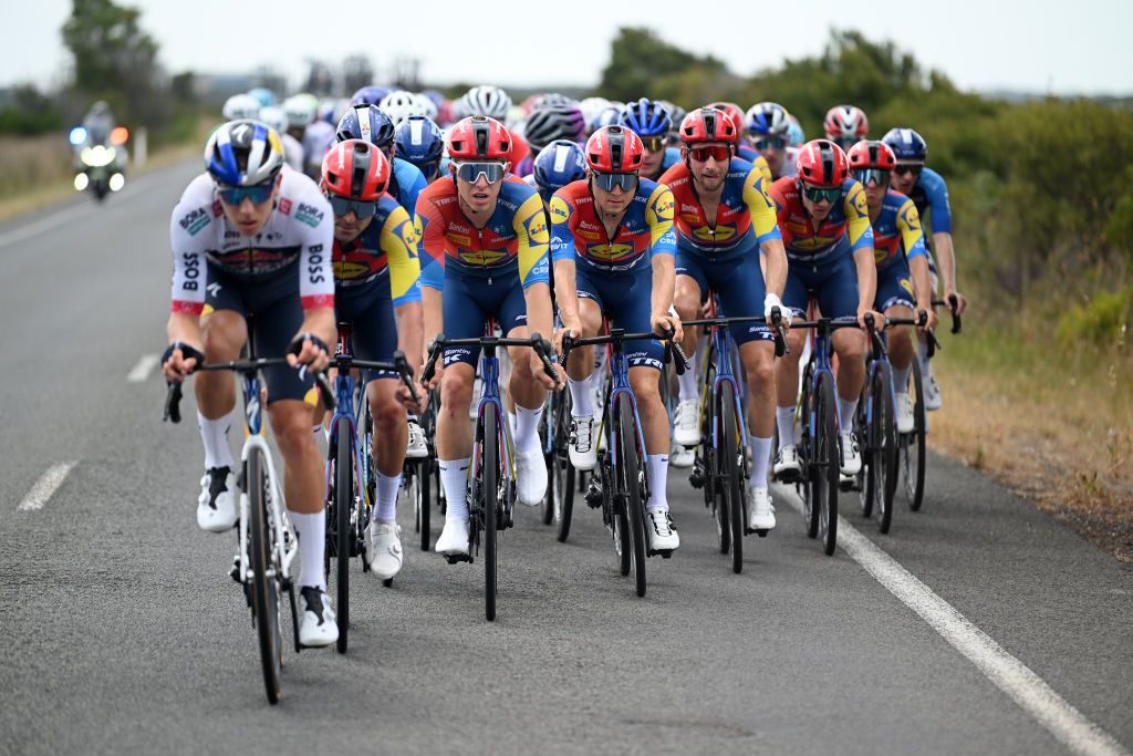 GEELONG AUSTRALIA FEBRUARY 02 LR Tim Torn Teutenberg of Germany Andrea Bagioli of Italy and Bauke Mollema of Netherlands and Team Lidl Trek compete during the 9th Cadel Evans Great Ocean Road Race 2025 Mens Elite a 1838km one day race from Geelong to Geelong UCIWT on February 02 2025 in Geelong Australia Photo by Dario BelingheriGetty Images