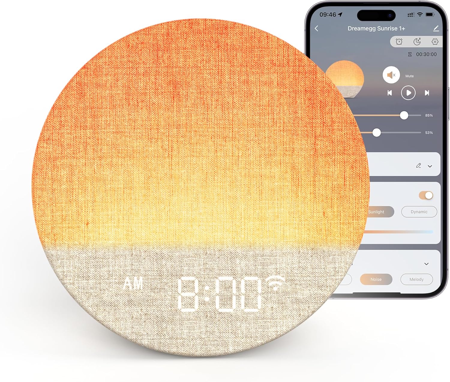 Dreamegg Sunrise Alarm Clock Wake-Up Light With App Control, Sunset Sleep Feature, 34 Soothing Sounds, Mood Lights, Custom Routines, Favourites Mode, Sound Machine for Adults &amp;amp; Baby, Bedroom &amp;amp; Gift