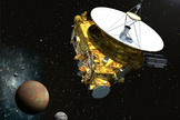 This artist's rendering depicts the New Horizons spacecraft as it approaches Pluto and its moons in summer 2015.