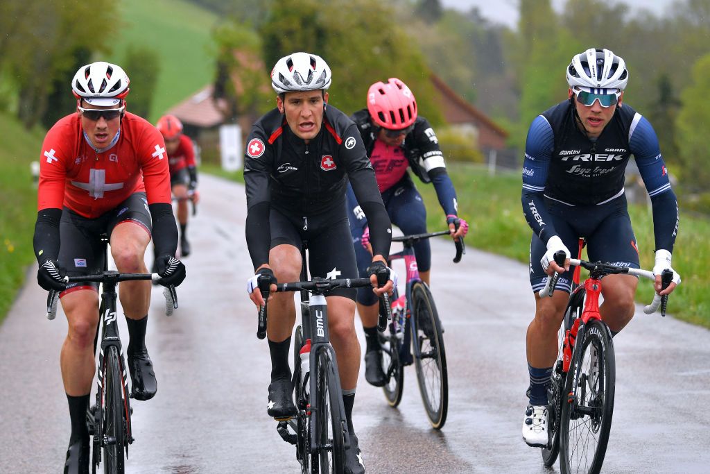 ESTAVAYER SWITZERLAND APRIL 30 Stefan Kung of Switzerland and Team Groupama FDJ Matthias Reutimann of Switzerland and Team Switzerland Charlie Quarterman of United Kingdom and Team Trek Segafredo on breakaway during the 74th Tour De Romandie 2021 Stage 3 a 1687km stage from Estavayer to Estavayer TDR2021 TDRnonstop UCIworldtour on April 30 2021 in Estavayer Switzerland Photo by Luc ClaessenGetty Images