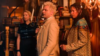 Aziraphale, Nina and Maggie in the bookstore in Good Omens season 2 episode 6