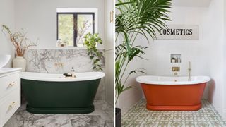compilation image of two bathrooms showing painted baths, one in dark green and one in orange to suggest how to make a bathroom look expensive on a budget