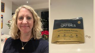 Kat Storr selfie and packet of lion's mane for brain fog sitting on counter with supplement dose out