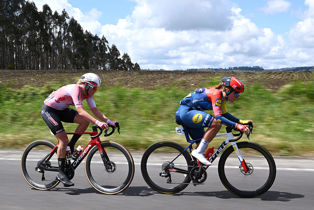 Sterre Vervloet (Lotto Intermarche Ladies) and Felicity Wilson-Haffenden (Team Lidl - Trek) during stage 3 of the 2026 La Vuelta Femenina. (Photo by Szymon Gruchalski/Getty Images)