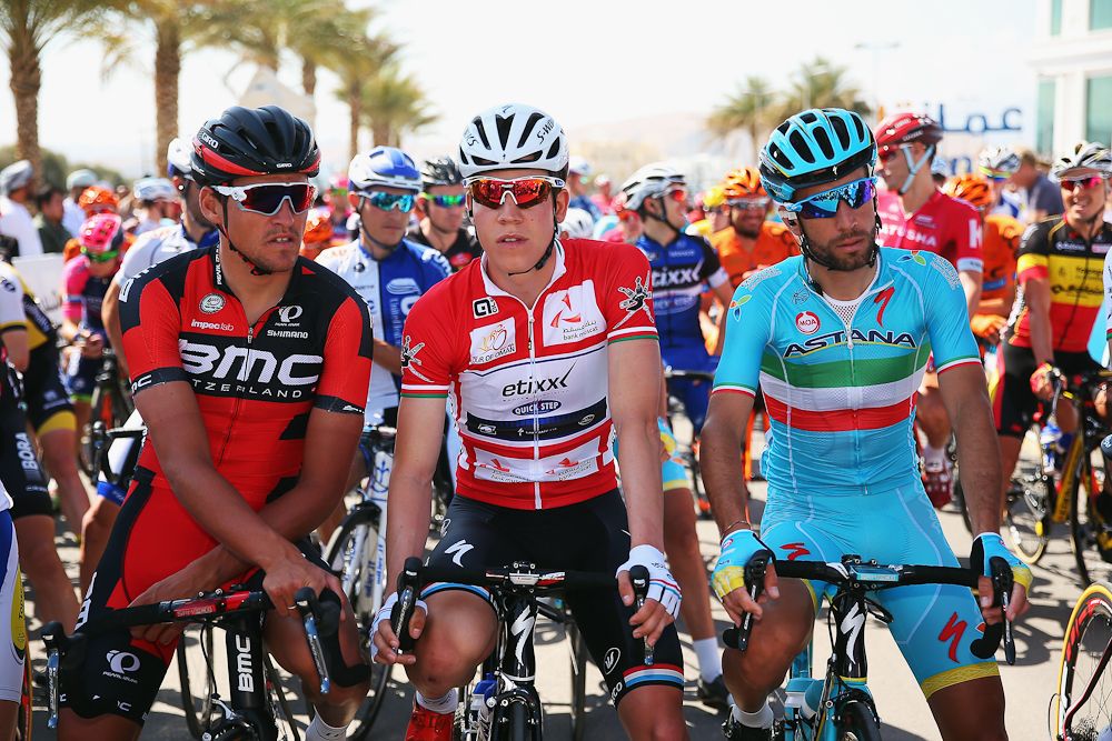 Greg Van Avermaet (BMC Racing), Bob Jungels (Etixx-Quick Step) and Vincenzo Nibali (Astana) wait for the start of stage 2 at the 2016 Tour of Oman