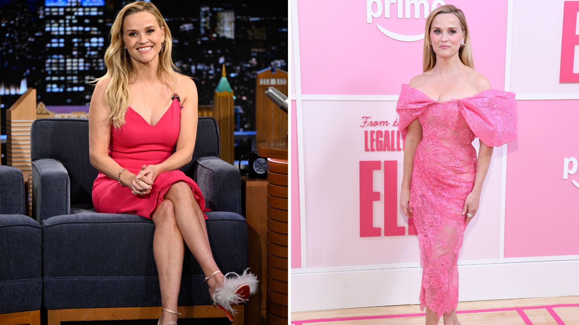 L-Reese Witherspoon appears on The Tonight Show, R-Reese Witherspoon attends the premiere of Elle on June 23, 2026