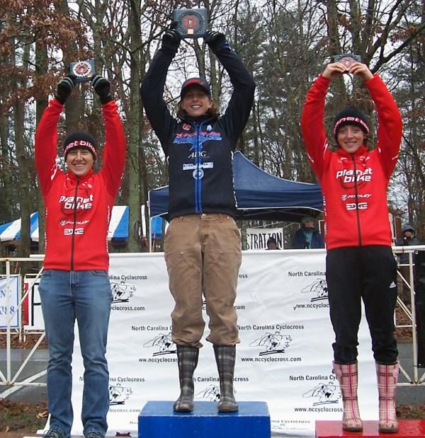 The elite women's podium (l-r): Kristin Wentworth (Planet Bike), 3rd; Deidre Winfielde (C3 Athletes Serving Athletes), 1st; Kaitlin Antonneau (Planet Bike), 2nd.