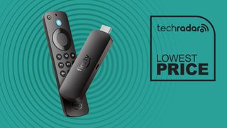 Amazon Fire TV Stick 4K Select on cyan background with TechRadar lowest price sign