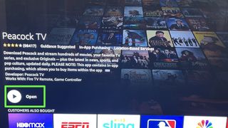 Fire TV app store Peacock TV screen with Open highlighted