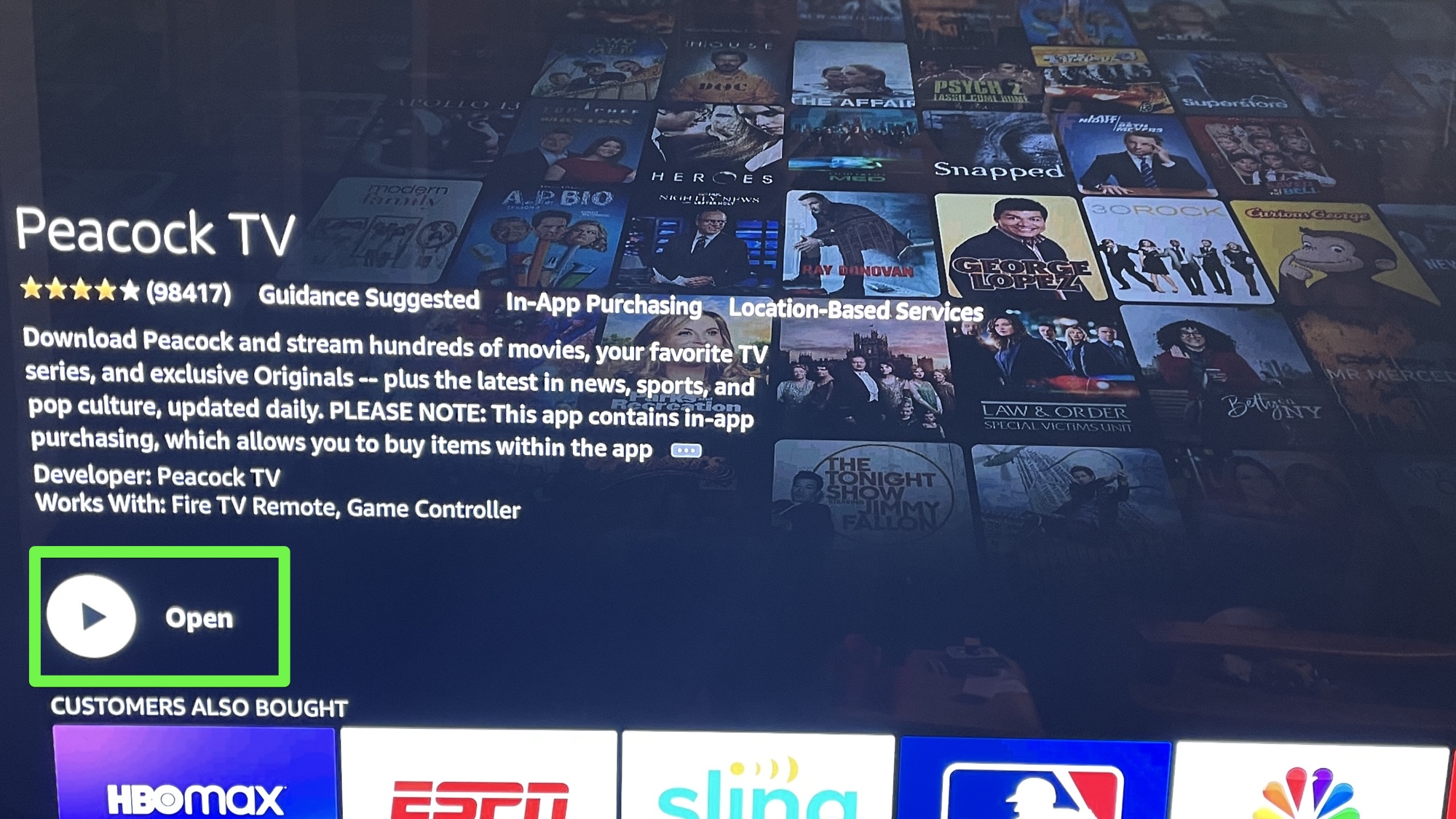 Fire TV app store Peacock TV screen with Open highlighted