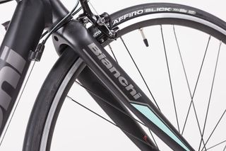 The brakes and the carbon fork on the Bianchi Via Nirone 7