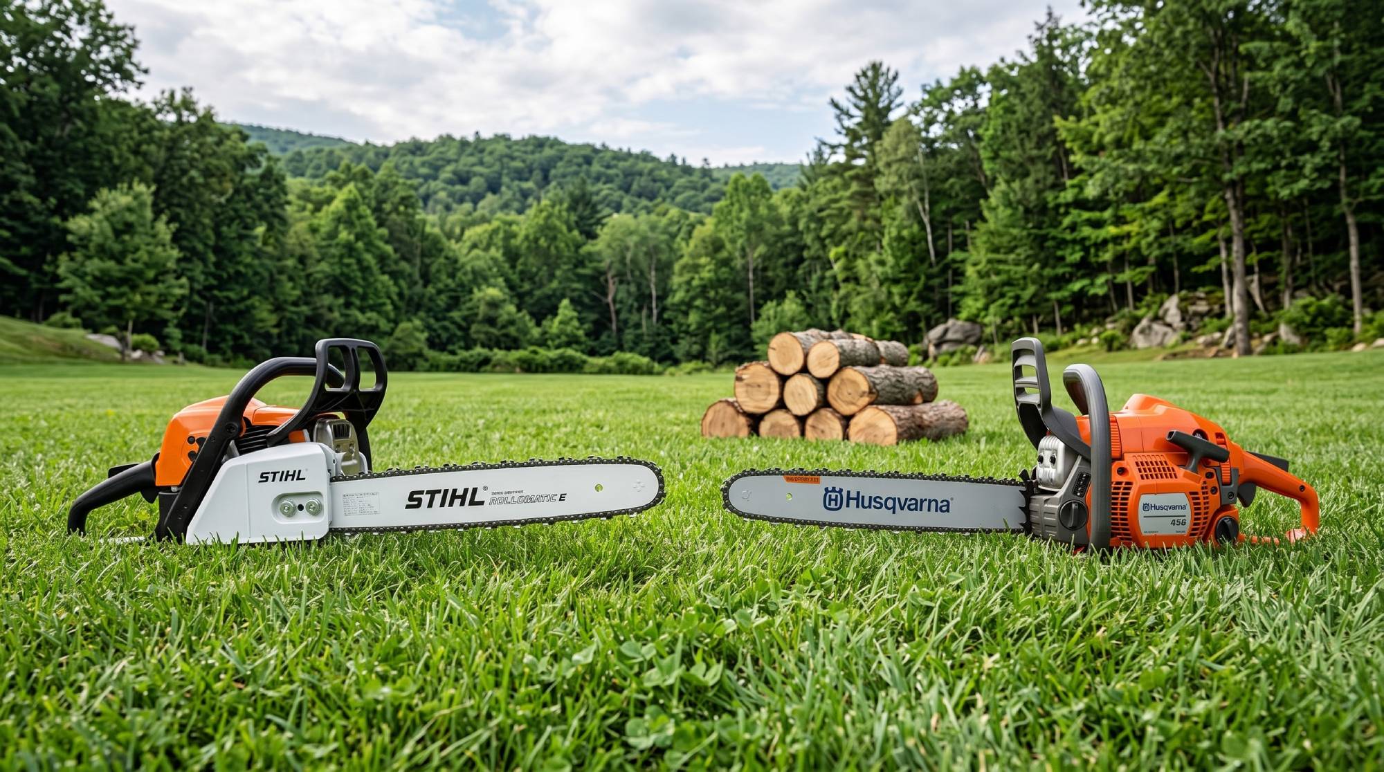 Two chainsaws facing each other on a grassy lawn in front of a pile of logs