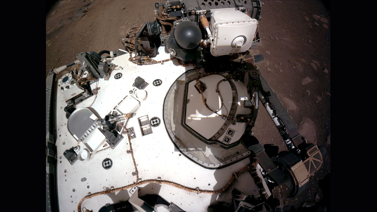 NASA&rsquo;s Perseverance Mars rover is equipped with two color stereo Navigation Cameras (Navcams), which are located up high on the rover's mast. The Navcams captured this panoramic view of the rover&rsquo;s deck on Feb. 20, showing the Planetary Instrument for X-ray Lithochemistry (PIXL) instrument, which is on the rover&rsquo;s stowed arm. The PIXL instrument is used to rapidly examine the chemical makeup of Martian rocks by focusing an X-ray beam.