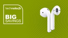 The Apple AirPods 2 on a green background with text saying Big Savings next to it.
