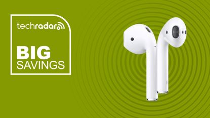 The Apple AirPods 2 on a green background with text saying Big Savings next to it.