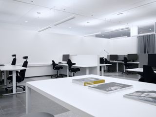 White office interior at Polestar Design Studio, Sweden