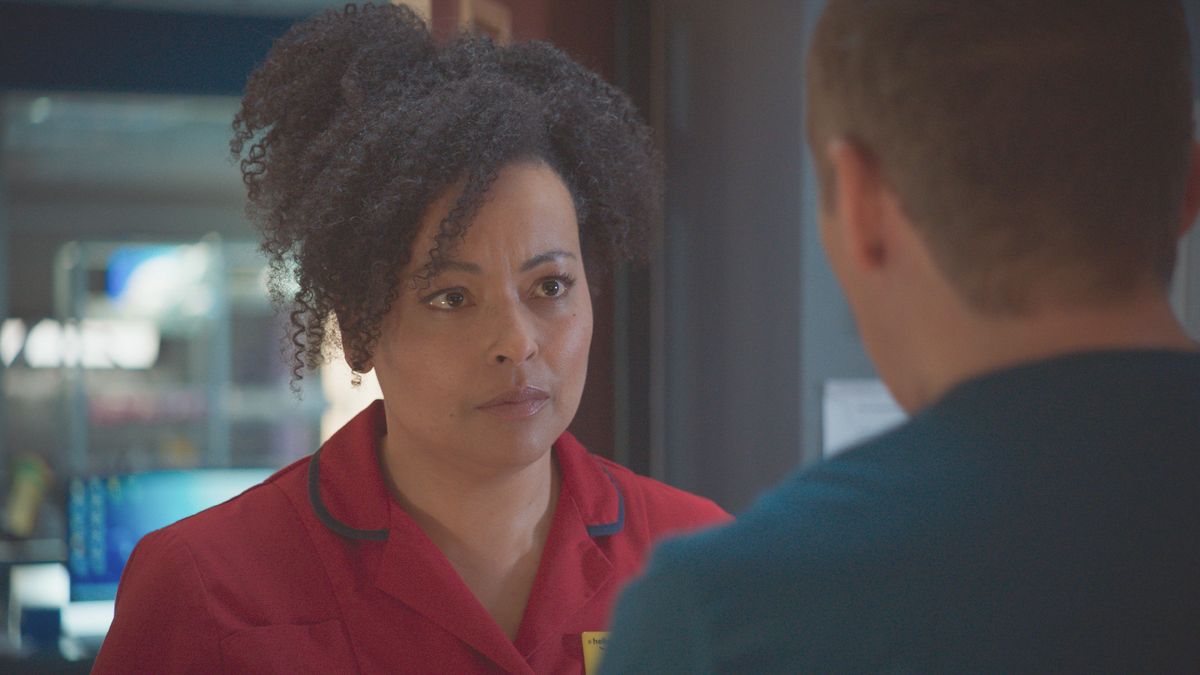 Donna Jackson gets jiggy with Max Cristie in Casualty episode Aftermath.