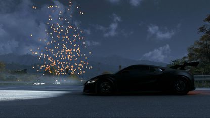 Forza Horizon 6 car driving by on road as sky lanterns rise up