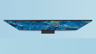 Samsung QN95B TV viewed from top on blue background