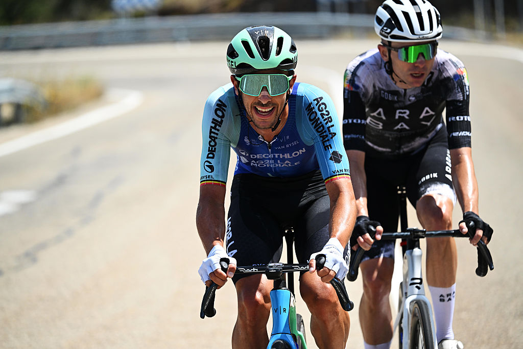 BURGOS, SPAIN - AUGUST 05: (L-R) Dries De Bondt of Belgium and Team Decathlon AG2R La Mondiale Team and Asier Pablo Gonzalez of Spain and Team Illes Balears Arabay compete in the breakaway during the 47th Vuelta a Burgos 2025, Stage 1 a 204.7km stage from Olmillos de Sasamon to Burgos on August 05, 2025 in Burgos, Spain. (Photo by Antonio Baixauli/Getty Images)