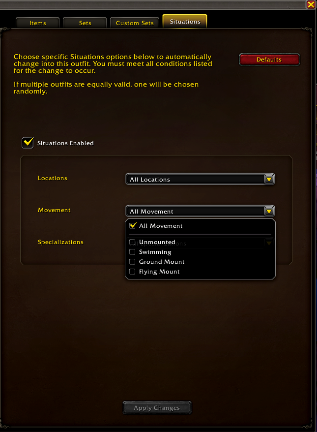 A Situations screen in World of Warcraft, displaying options for contextual application of transmogs.