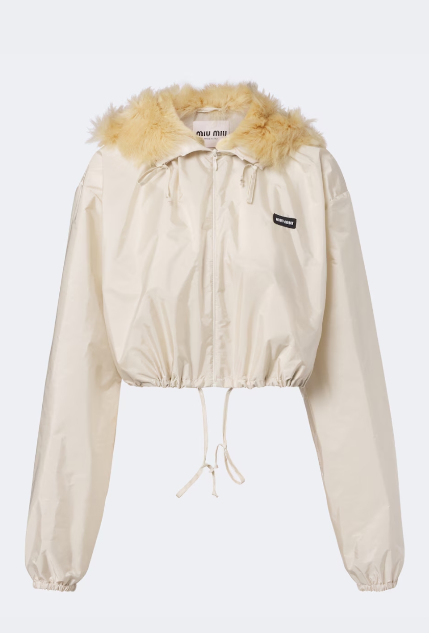 Cropped Shearling-Trimmed Jacket in Beige - Miu Miu