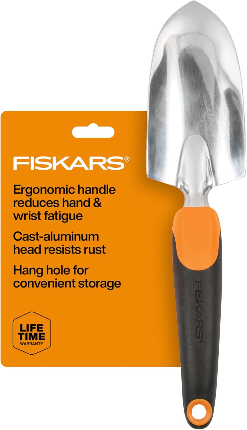 Fiskars Ergo Garden Trowel for Digging and Planting, Heavy Duty Gardening Hand Tool With Hanging Hole