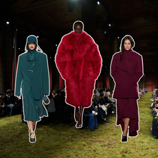 Three images of models from the autumn/winter 2026 runways wearing coat colour trends for 2026, including marine green, apple red and mulberry