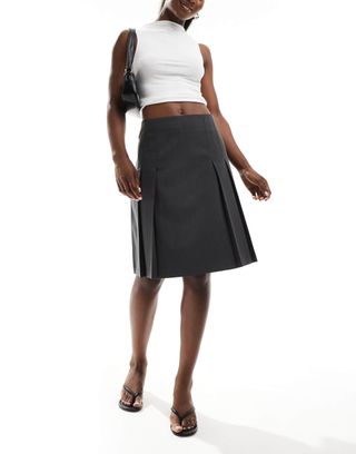 Asos Design Tailored Knee Length Pleated Midi Skirt in Grey