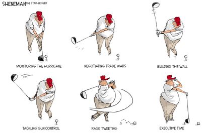 Political Cartoon U.S. Trump Idle Executive Time Golfing Avoiding Issues