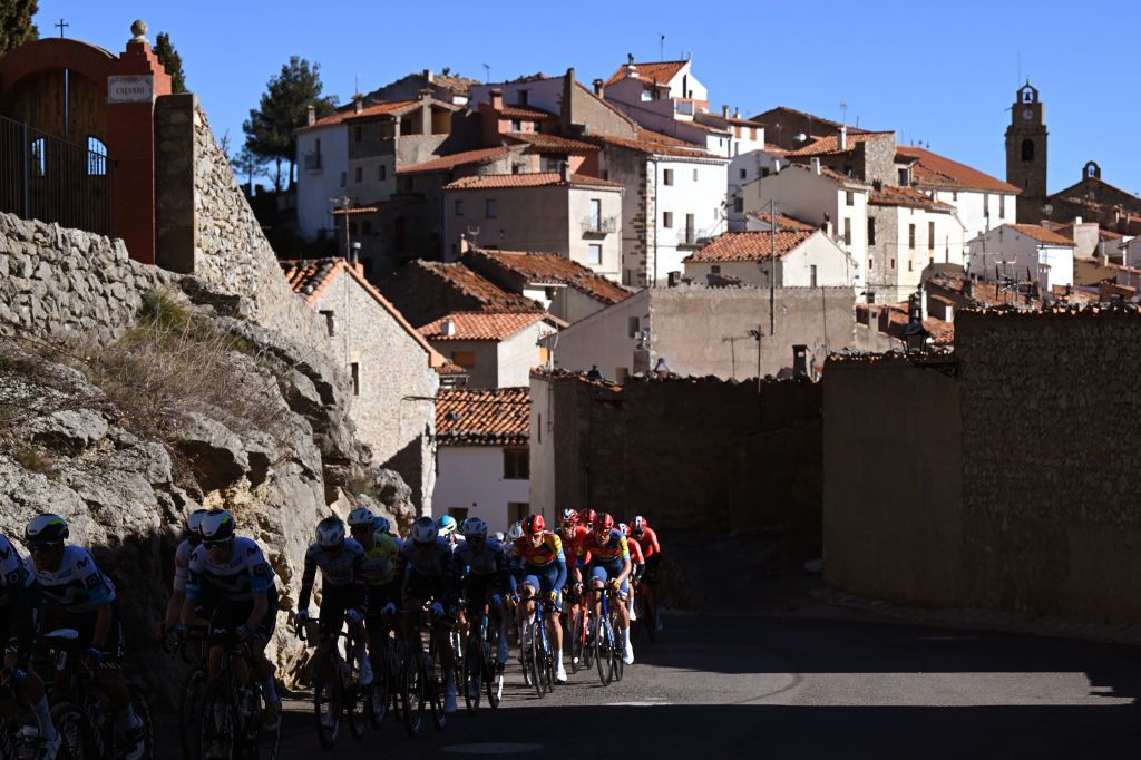 PORTELL DE MORELLA SPAIN FEBRUARY 08 Jonathan Milan of Italy and Team Lidl Trek C and a general view of the peloton competing during the 76th Volta a la Comunitat Valenciana 2025 Stage 4 a 181km stage from Oropesa del Mar to Portell de Morella 1078m on February 08 2025 in Portell de Morella Spain Photo by Szymon GruchalskiGetty Images
