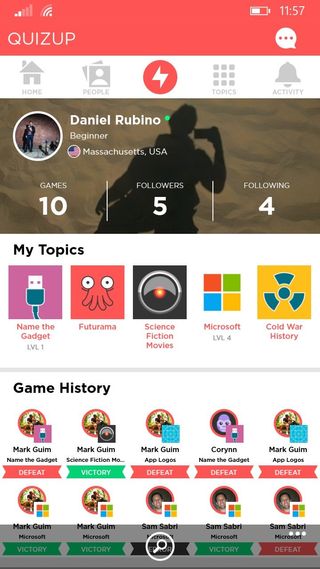 QuizUp gives you quick access to your favorite topics and game histories